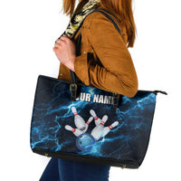 Personalized Bowling Ball Strike Graphic Leather Tote Bag Blue Lightning Storm and Electric Energy - Wonder Print Shop