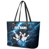 Personalized Bowling Ball Strike Graphic Leather Tote Bag Blue Lightning Storm and Electric Energy - Wonder Print Shop