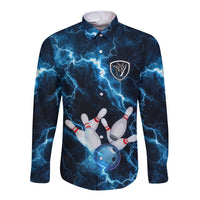 Personalized Bowling Ball Strike Graphic Long Sleeve Button Shirt Blue Lightning Storm and Electric Energy - Wonder Print Shop