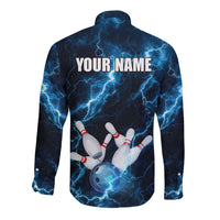 Personalized Bowling Ball Strike Graphic Long Sleeve Button Shirt Blue Lightning Storm and Electric Energy - Wonder Print Shop