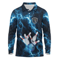 Personalized Bowling Ball Strike Graphic Long Sleeve Polo Shirt Blue Lightning Storm and Electric Energy - Wonder Print Shop