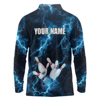 Personalized Bowling Ball Strike Graphic Long Sleeve Polo Shirt Blue Lightning Storm and Electric Energy - Wonder Print Shop
