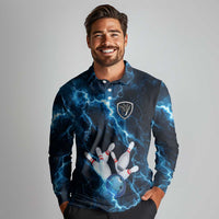 Personalized Bowling Ball Strike Graphic Long Sleeve Polo Shirt Blue Lightning Storm and Electric Energy - Wonder Print Shop