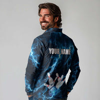 Personalized Bowling Ball Strike Graphic Long Sleeve Polo Shirt Blue Lightning Storm and Electric Energy - Wonder Print Shop