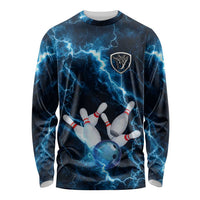 Personalized Bowling Ball Strike Graphic Long Sleeve Shirt Blue Lightning Storm and Electric Energy - Wonder Print Shop