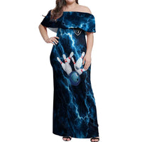 Personalized Bowling Ball Strike Graphic Off Shoulder Maxi Dress Blue Lightning Storm and Electric Energy - Wonder Print Shop