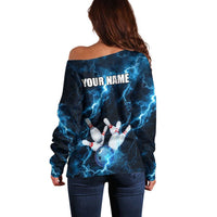 Personalized Bowling Ball Strike Graphic Off Shoulder Sweater Blue Lightning Storm and Electric Energy - Wonder Print Shop