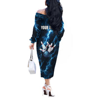 Personalized Bowling Ball Strike Graphic Off The Shoulder Long Sleeve Dress Blue Lightning Storm and Electric Energy - Wonder Print Shop