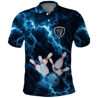 Personalized Bowling Ball Strike Graphic Polo Shirt Blue Lightning Storm and Electric Energy - Wonder Print Shop