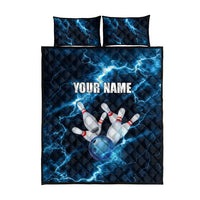 Personalized Bowling Ball Strike Graphic Quilt Bed Set Blue Lightning Storm and Electric Energy - Wonder Print Shop