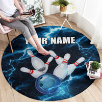 Personalized Bowling Ball Strike Graphic Round Carpet Blue Lightning Storm and Electric Energy - Wonder Print Shop