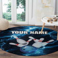Personalized Bowling Ball Strike Graphic Round Carpet Blue Lightning Storm and Electric Energy - Wonder Print Shop