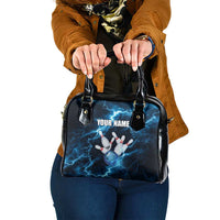 Personalized Bowling Ball Strike Graphic Shoulder Handbag Blue Lightning Storm and Electric Energy - Wonder Print Shop