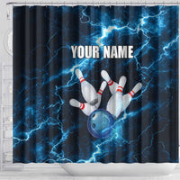 Personalized Bowling Ball Strike Graphic Shower Curtain Blue Lightning Storm and Electric Energy - Wonder Print Shop