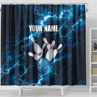 Personalized Bowling Ball Strike Graphic Shower Curtain Blue Lightning Storm and Electric Energy - Wonder Print Shop