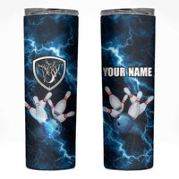 Personalized Bowling Ball Strike Graphic Skinny Tumbler Blue Lightning Storm and Electric Energy - Wonder Print Shop