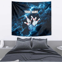 Personalized Bowling Ball Strike Graphic Tapestry Blue Lightning Storm and Electric Energy - Wonder Print Shop