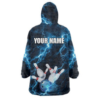 Personalized Bowling Ball Strike Graphic Wearable Blanket Hoodie Blue Lightning Storm and Electric Energy - Wonder Print Shop