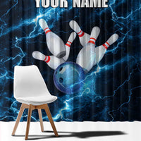 Personalized Bowling Ball Strike Graphic Window Curtain Blue Lightning Storm and Electric Energy - Wonder Print Shop
