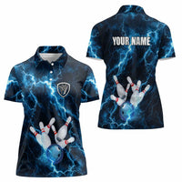 Personalized Bowling Ball Strike Graphic Women Polo Shirt Blue Lightning Storm and Electric Energy - Wonder Print Shop