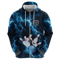 Personalized Bowling Ball Strike Graphic Zip Hoodie Blue Lightning Storm and Electric Energy - Wonder Print Shop