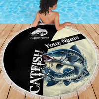 Catfish Fishing Customize Name Beach Blanket Splash Effect and Black Cream Split Design - Wonder Print Shop