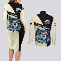 Catfish Fishing Customize Name Couples Matching Long Sleeve Bodycon Dress and Long Sleeve Button Shirt Splash Effect and Black Cream Split Design - Wonder Print Shop