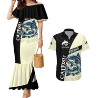 Catfish Fishing Customize Name Couples Matching Mermaid Dress and Hawaiian Shirt Splash Effect and Black Cream Split Design - Wonder Print Shop