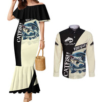 Catfish Fishing Customize Name Couples Matching Mermaid Dress and Long Sleeve Button Shirt Splash Effect and Black Cream Split Design - Wonder Print Shop