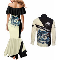 Catfish Fishing Customize Name Couples Matching Mermaid Dress and Long Sleeve Button Shirt Splash Effect and Black Cream Split Design - Wonder Print Shop