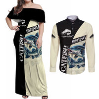 Catfish Fishing Customize Name Couples Matching Off Shoulder Maxi Dress and Long Sleeve Button Shirt Splash Effect and Black Cream Split Design - Wonder Print Shop