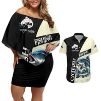 Catfish Fishing Customize Name Couples Matching Off Shoulder Short Dress and Hawaiian Shirt Splash Effect and Black Cream Split Design - Wonder Print Shop