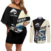 Catfish Fishing Customize Name Couples Matching Off Shoulder Short Dress and Long Sleeve Button Shirt Splash Effect and Black Cream Split Design - Wonder Print Shop
