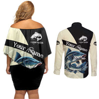 Catfish Fishing Customize Name Couples Matching Off Shoulder Short Dress and Long Sleeve Button Shirt Splash Effect and Black Cream Split Design - Wonder Print Shop