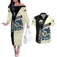 Catfish Fishing Customize Name Couples Matching Off The Shoulder Long Sleeve Dress and Hawaiian Shirt Splash Effect and Black Cream Split Design - Wonder Print Shop