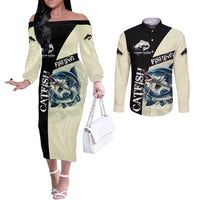 Catfish Fishing Customize Name Couples Matching Off The Shoulder Long Sleeve Dress and Long Sleeve Button Shirt Splash Effect and Black Cream Split Design - Wonder Print Shop