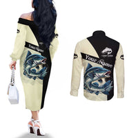 Catfish Fishing Customize Name Couples Matching Off The Shoulder Long Sleeve Dress and Long Sleeve Button Shirt Splash Effect and Black Cream Split Design - Wonder Print Shop