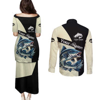 Catfish Fishing Customize Name Couples Matching Puletasi and Long Sleeve Button Shirt Splash Effect and Black Cream Split Design - Wonder Print Shop