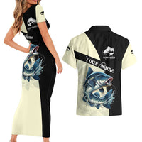 Catfish Fishing Customize Name Couples Matching Short Sleeve Bodycon Dress and Hawaiian Shirt Splash Effect and Black Cream Split Design - Wonder Print Shop