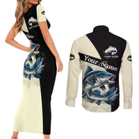 Catfish Fishing Customize Name Couples Matching Short Sleeve Bodycon Dress and Long Sleeve Button Shirt Splash Effect and Black Cream Split Design - Wonder Print Shop