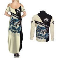 Catfish Fishing Customize Name Couples Matching Summer Maxi Dress and Long Sleeve Button Shirt Splash Effect and Black Cream Split Design - Wonder Print Shop