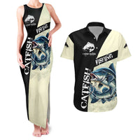 Catfish Fishing Customize Name Couples Matching Tank Maxi Dress and Hawaiian Shirt Splash Effect and Black Cream Split Design - Wonder Print Shop