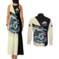 Catfish Fishing Customize Name Couples Matching Tank Maxi Dress and Long Sleeve Button Shirt Splash Effect and Black Cream Split Design - Wonder Print Shop