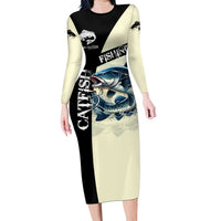 Catfish Fishing Customize Name Family Matching Long Sleeve Bodycon Dress and Hawaiian Shirt Splash Effect and Black Cream Split Design - Wonder Print Shop