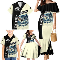 Catfish Fishing Customize Name Family Matching Mermaid Dress and Hawaiian Shirt Splash Effect and Black Cream Split Design - Wonder Print Shop