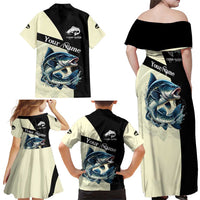 Catfish Fishing Customize Name Family Matching Off Shoulder Maxi Dress and Hawaiian Shirt Splash Effect and Black Cream Split Design - Wonder Print Shop
