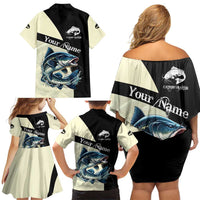 Catfish Fishing Customize Name Family Matching Off Shoulder Short Dress and Hawaiian Shirt Splash Effect and Black Cream Split Design - Wonder Print Shop