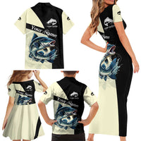 Catfish Fishing Customize Name Family Matching Short Sleeve Bodycon Dress and Hawaiian Shirt Splash Effect and Black Cream Split Design - Wonder Print Shop