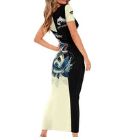 Catfish Fishing Customize Name Family Matching Short Sleeve Bodycon Dress and Hawaiian Shirt Splash Effect and Black Cream Split Design - Wonder Print Shop