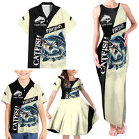 Catfish Fishing Customize Name Family Matching Tank Maxi Dress and Hawaiian Shirt Splash Effect and Black Cream Split Design - Wonder Print Shop